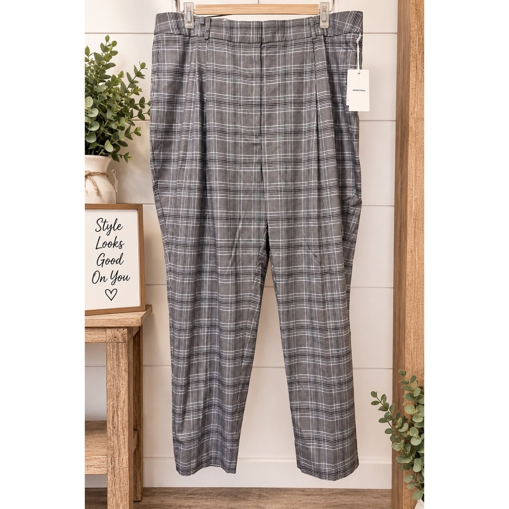 Nordstrom Womens Grey Glen Plaid Pleated Tapered Dress Pants Size 20 NWT